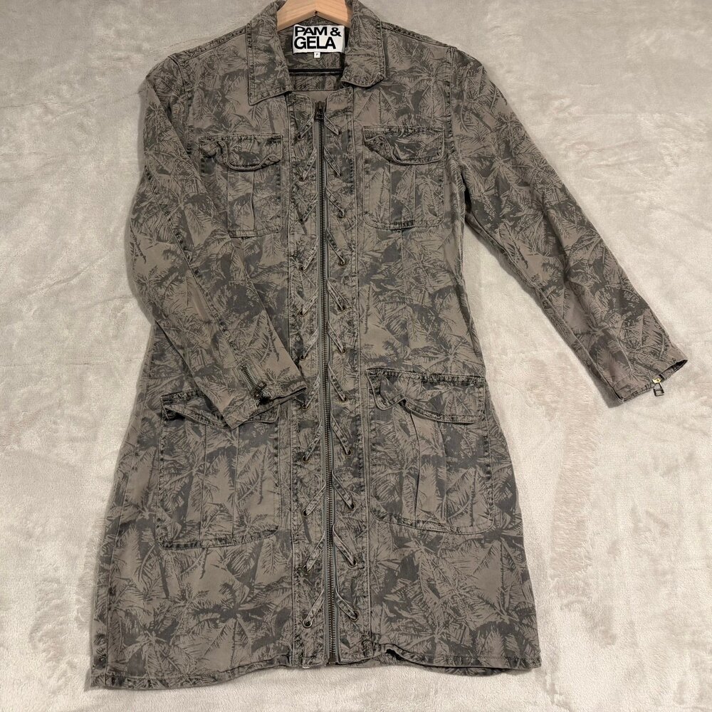Pam & Gela Camo Like color Lace Up Zip Utility Jacket Dress Size XS Petite